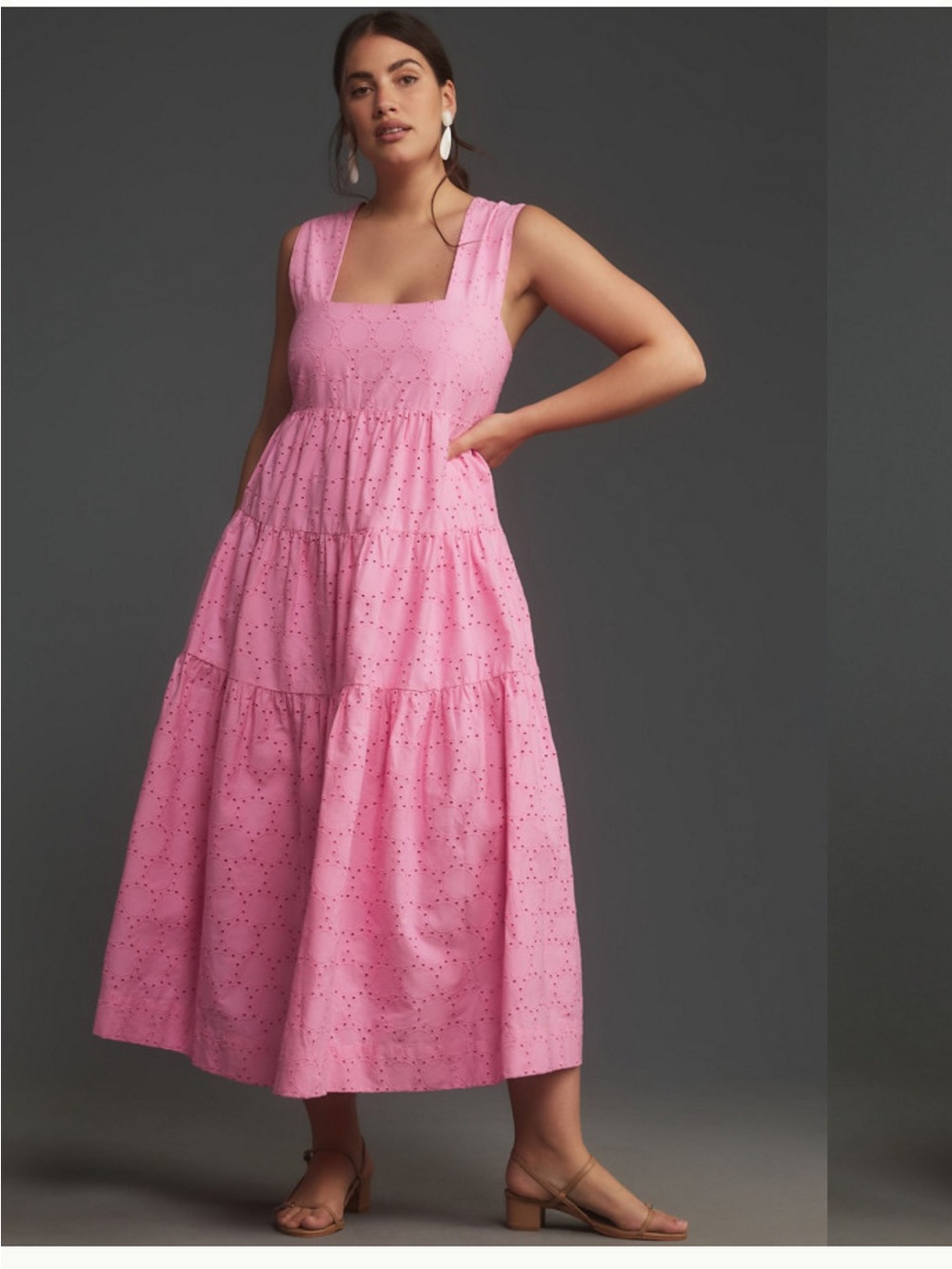 Anthropologie Helena Eyelet Square-Neck Tiered Midi Dress Pink Size 1X
